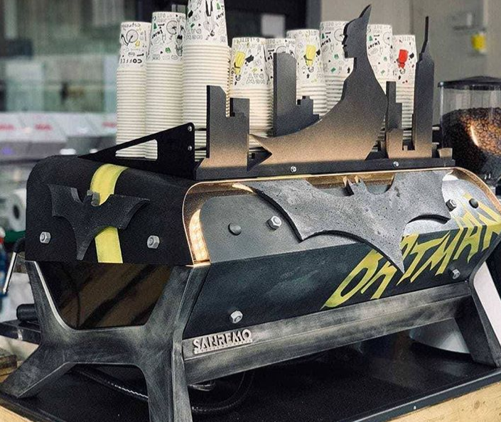 Customized F.18 by Sanremo Coffee Machines utilizing Batman Theme-Color-Design and Logo